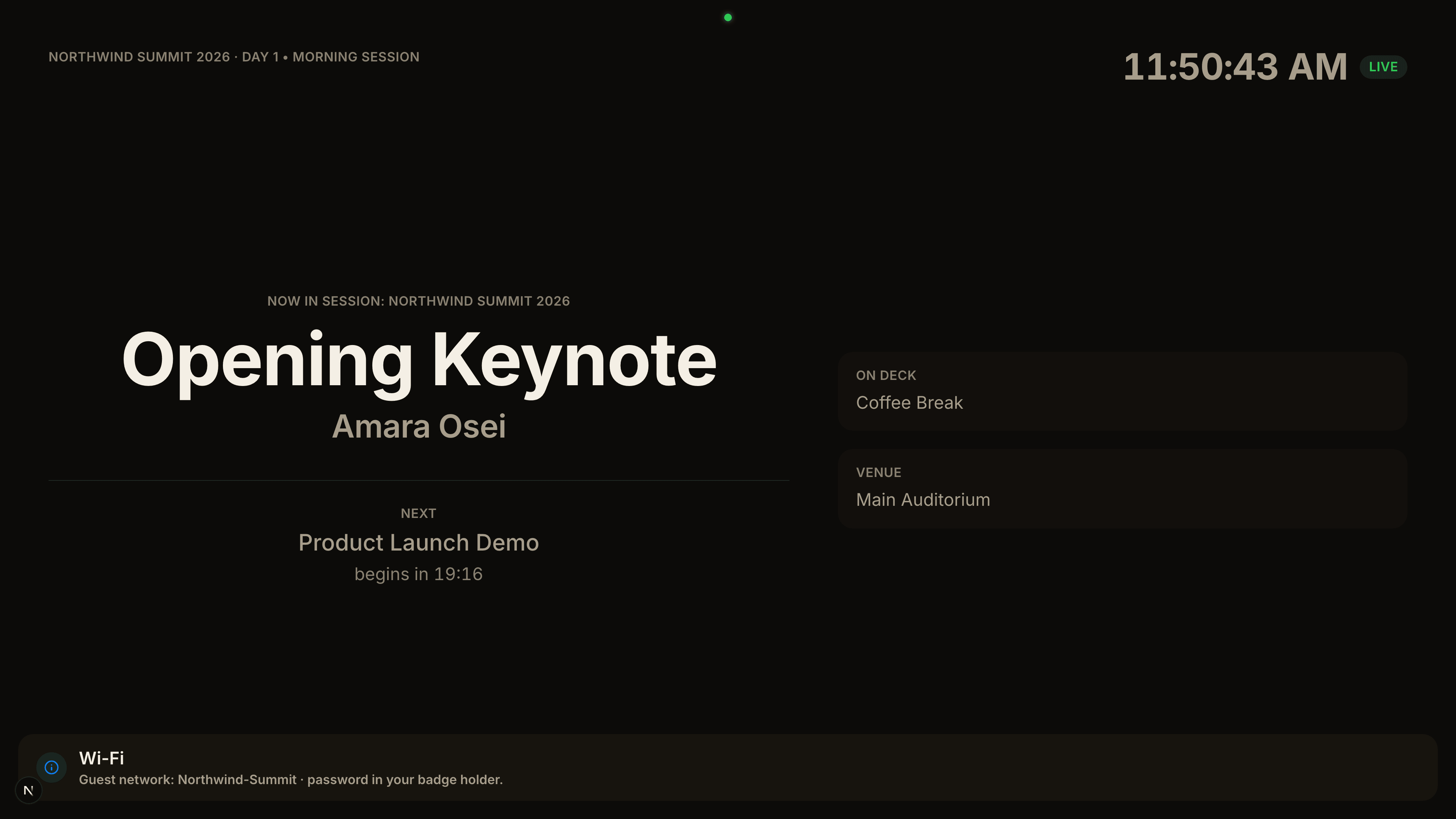 The lobby display one cue earlier, showing the Opening Keynote.