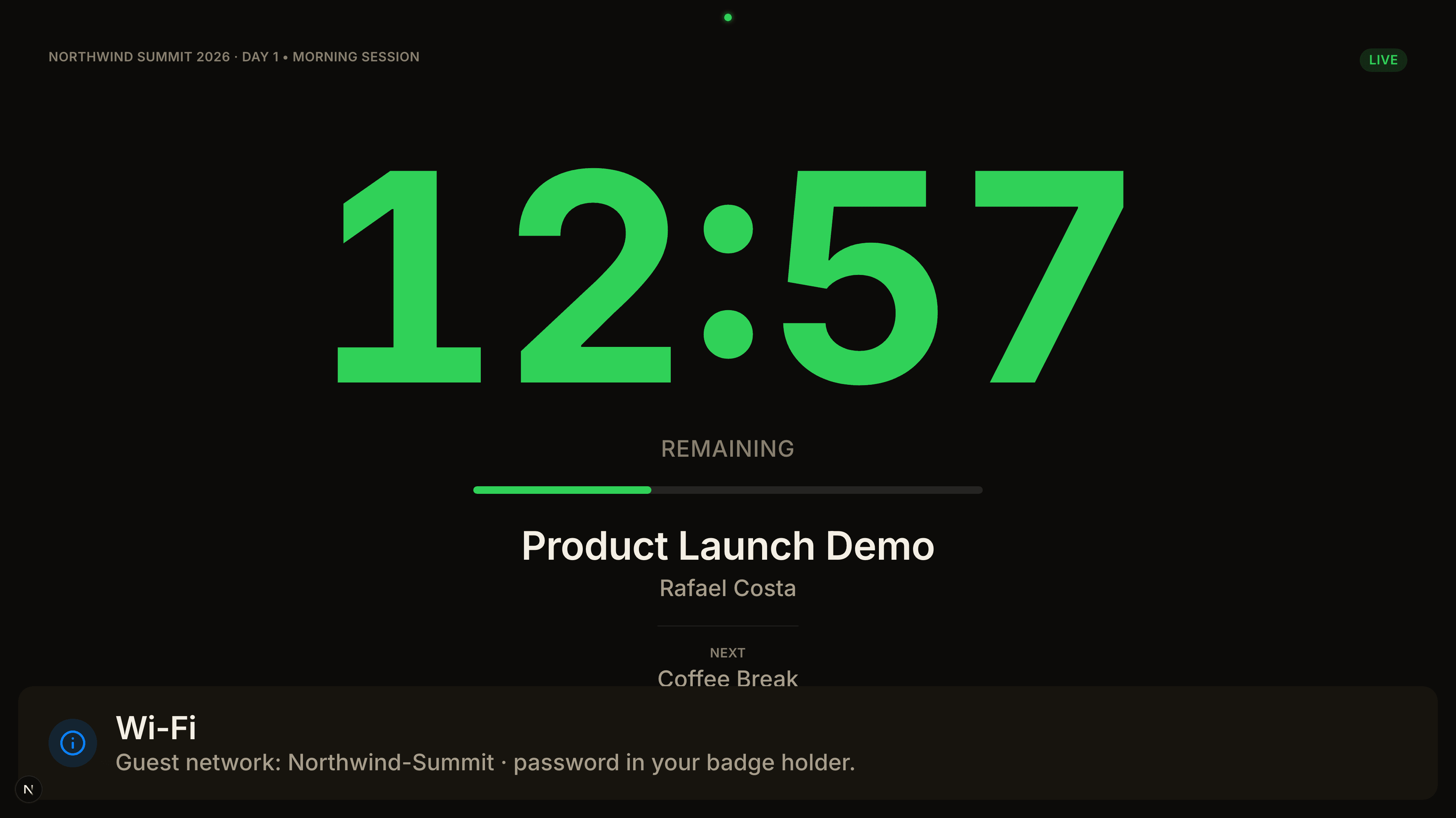 The stage confidence monitor: a very large countdown showing time remaining in the current item.