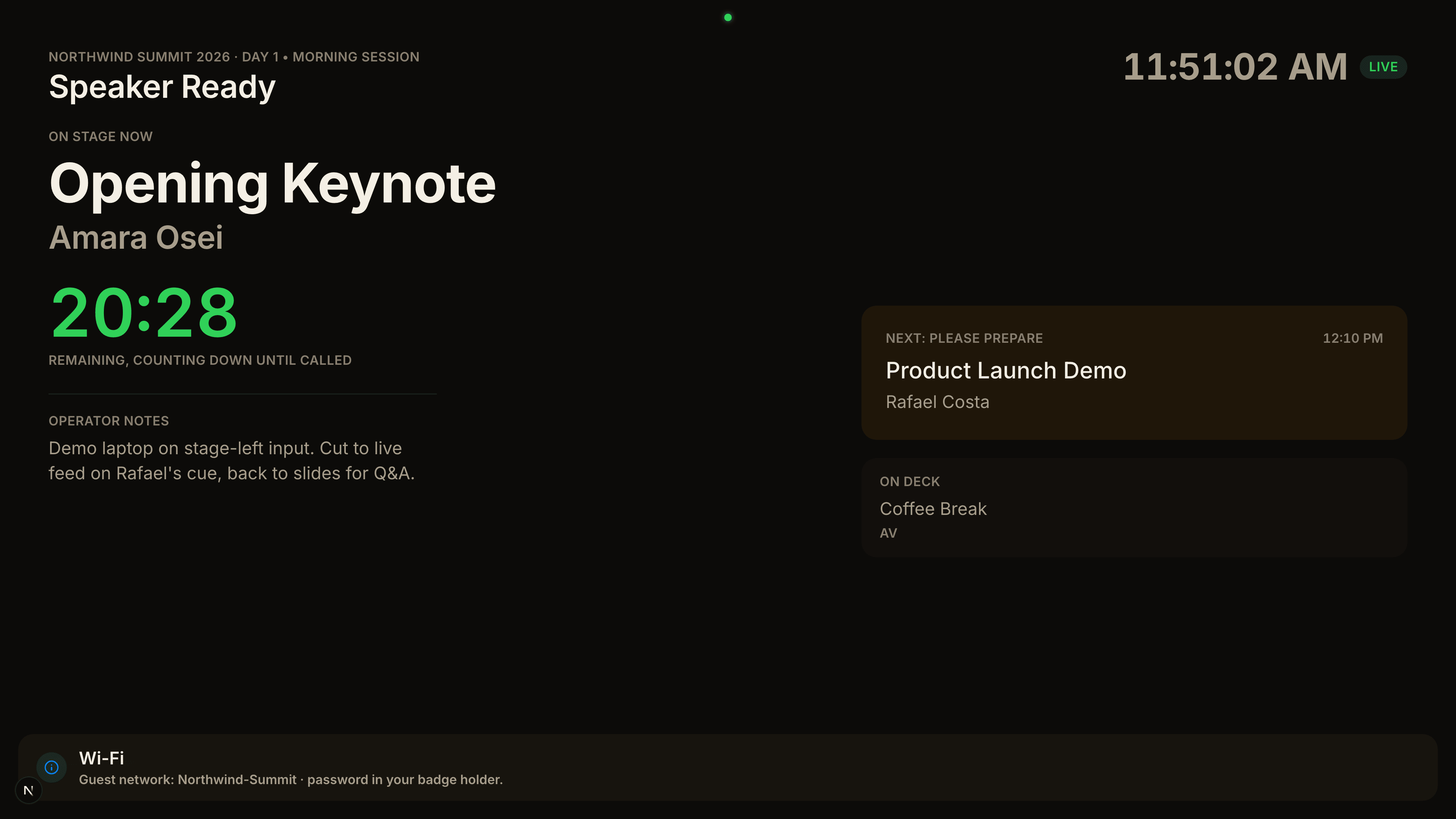 The speaker ready room display one cue earlier, showing the Opening Keynote on stage.